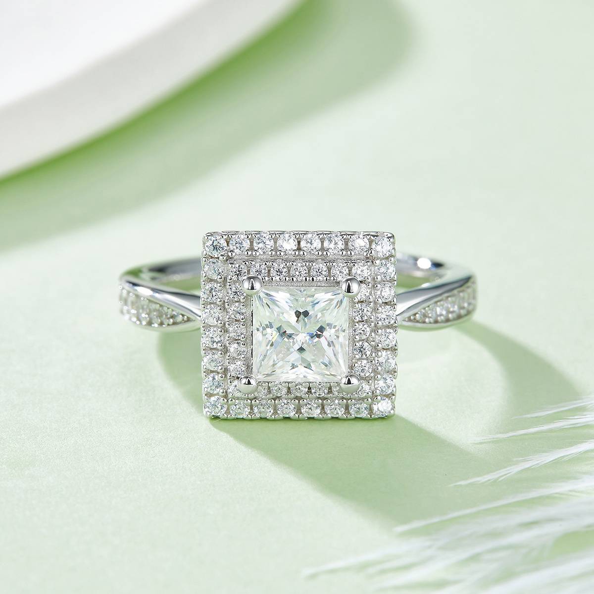 Deluxe Set Square S925 Silver Plated Platinum Moissanite Diamond Women's Ring 1.0 Carat D-Class